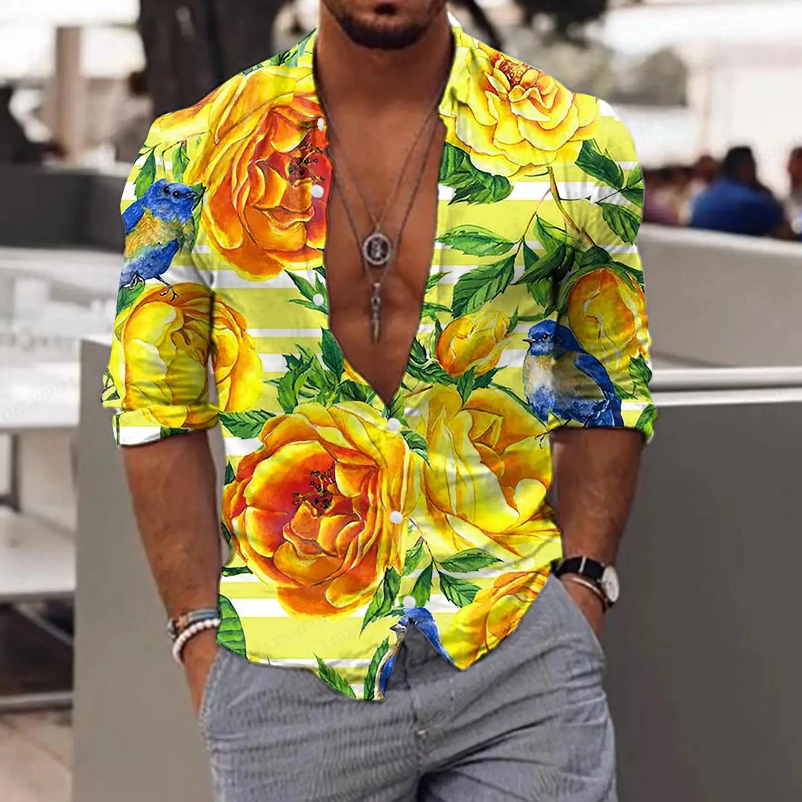 New Trend Men\'s Shirts Casual Floral Printed Lapel Button Long Sleeve Light Luxury Tops