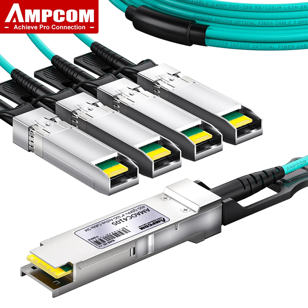 

AMPCOM 40G QSFP+ to 4 x 10G SFP+ Active Breakout Cable, AOC assembly 40G to 4x 10G for Cisco, Mikrotik, Fortinet, Ubiquiti etc