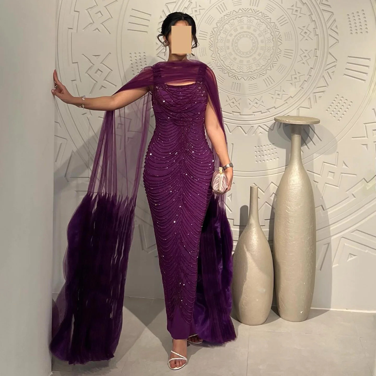 Sharon Said Luxury Beading Purple Dubai Evening Dress with Cape Sleeve Tiered Ruffles Women Wedding Party Gowns SS280 Customized