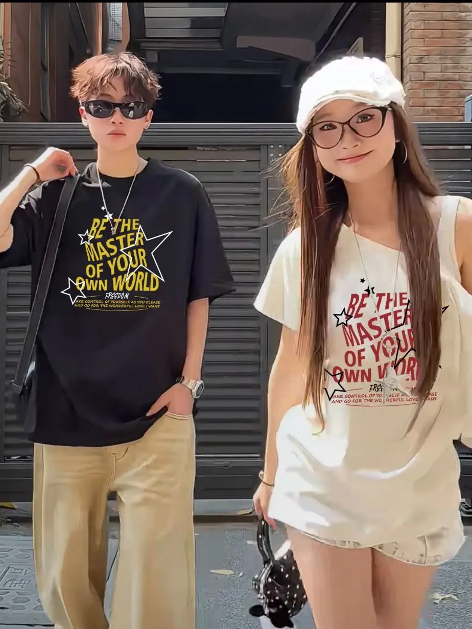 Couples Matching oulder Bared ort Sve T-irt Women's Versatile Summer Cotton Print Slim Fit Casual Creative Design