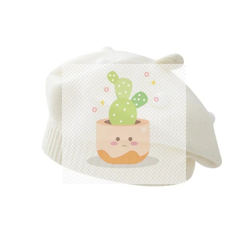 1個入り 可愛いストラップ付きクマさん柄 暖かいビーニーキャップ 無地ニットベビーベレー帽 子供 女の子 秋冬 アーティスト ペインターハット