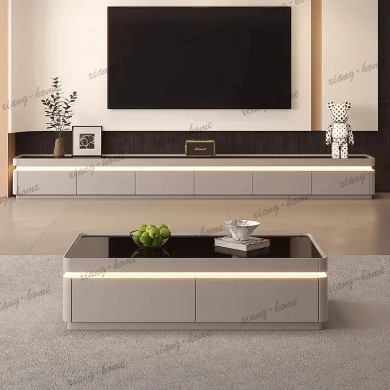 LSTv Stand Monitor Stands Living Room Furniture Modern LED Light Floor Combination TV Cabinet Coffee Table Solid Wood Baking Pai