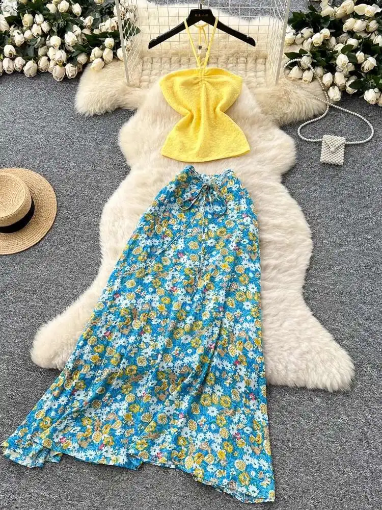 

Женский пляжный комплект из двух предметов, летний висячий жилет без бретелек с открытыми плечами + длинные юбки с высокой талией и цветочным принтом, сексуальные наряды в стиле бохо