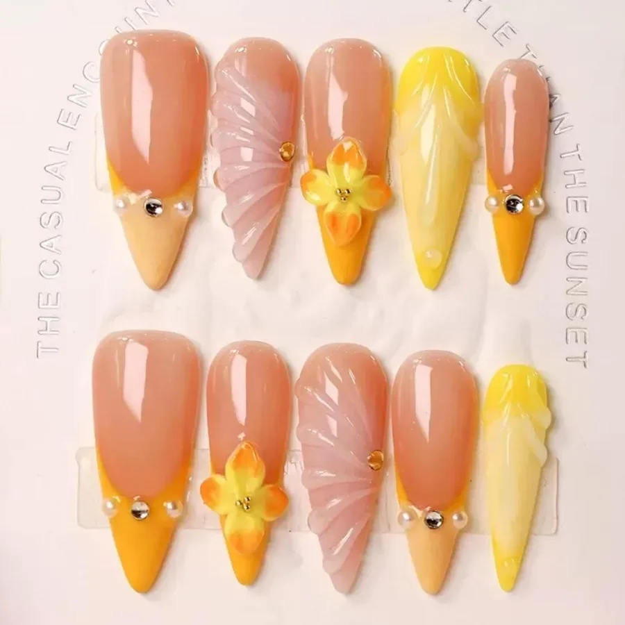 

100 5D Handmade Press on Nails with Charms Long Stiletto Nails Water Ripple False Nails Ombre Orange Yellow Press on Nails for