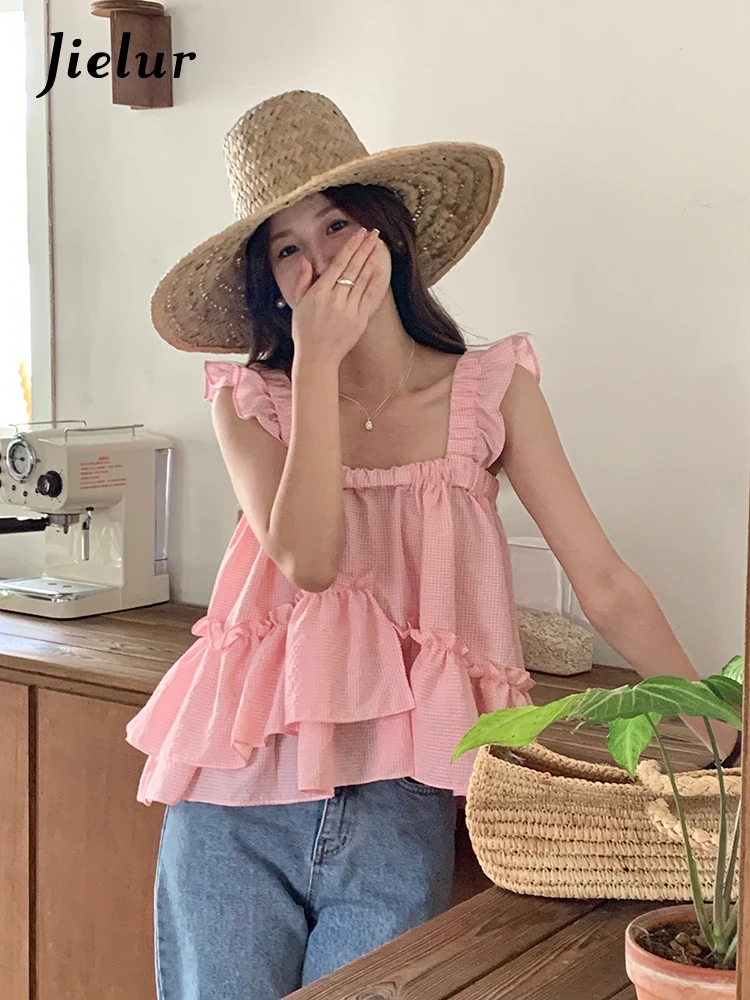 Jielur Summer New Fashion Sweet Women Tanks Solid Color Ladies Loose Strapless Female Casual Attractive Chicly Ruffles Tanks