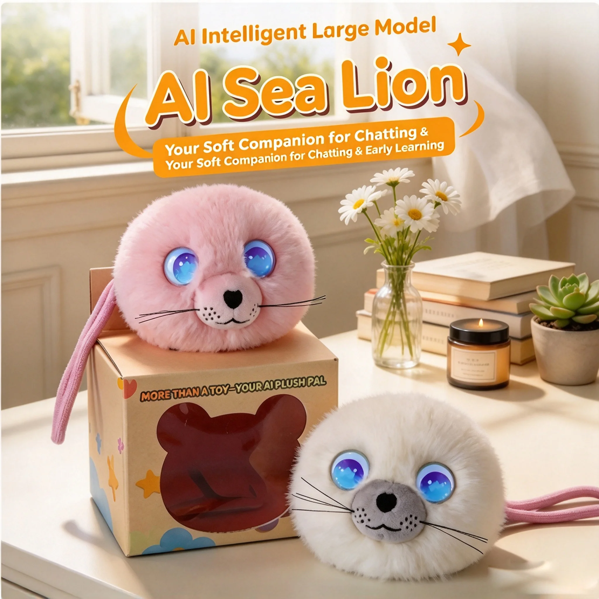 AI Interactive Seal Plush Toy, Touch Response LED Big Eyes Smart Robot Pet, Kids Early Learning Talking Companion Rechargeable S