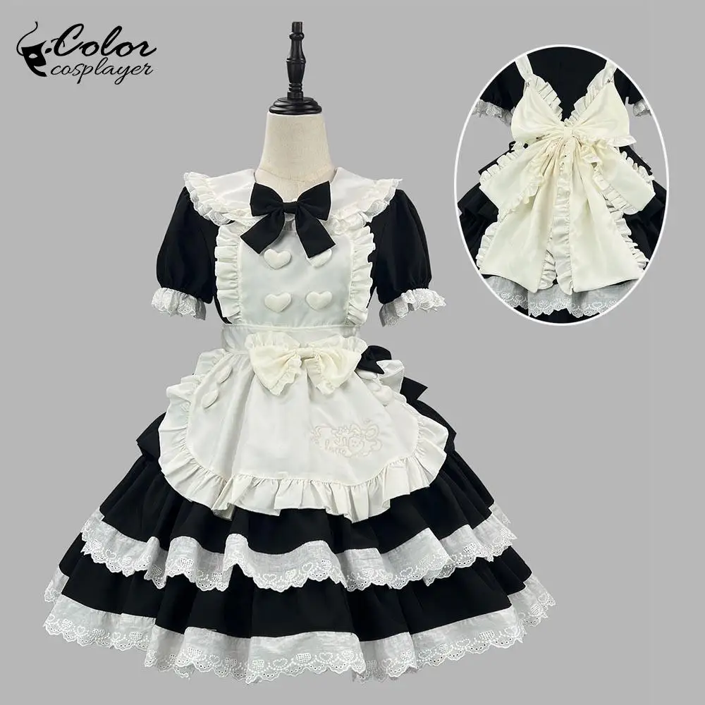 

Цветное косплейер, черное платье Лолиты, аниме, костюм горничной для косплея с бантом, фартук, платье служанки, наряд Comic-Con, женское платье