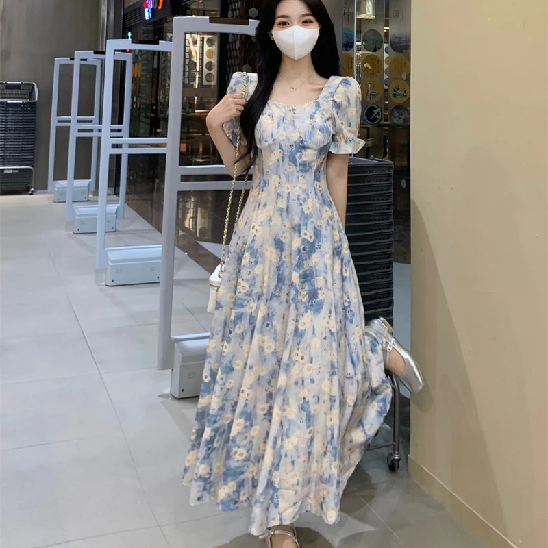 Women's Bohemian Dress Long Robe Floral Puff Sleevs Retro Female Stamp Dress New Summer Square Collar Sweet Midi Dresses Korean