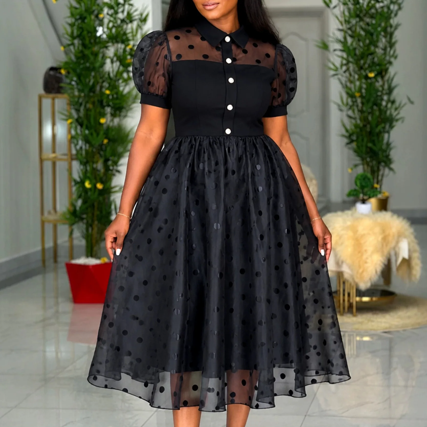 African Women A Line Dresses Sheer Lapel Collar Short Puff Sleeves Patchwork Pot Mesh Hem Church Wedding Office Causal Wear