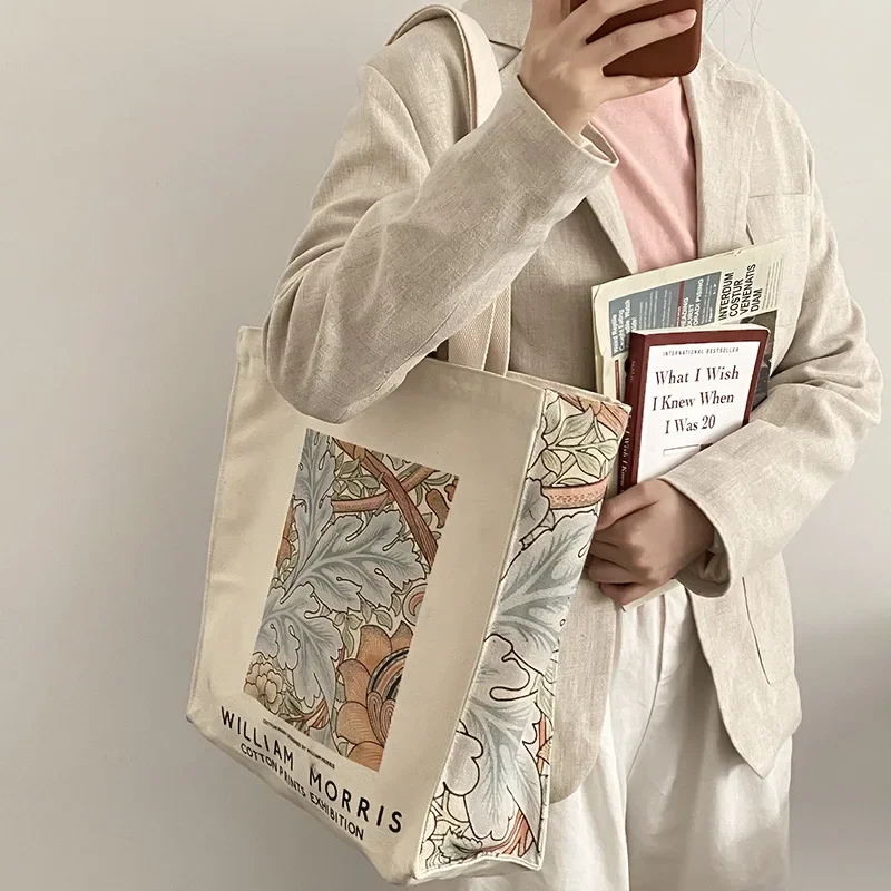 

Fashion Retro Flower Canvas Bag Large Capacity Shoulder Bag Ladies Literature Cotton Letters Shopping Bag Zipper Student Handbag