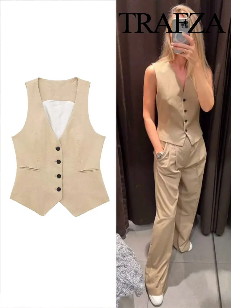 TRAFZA 2024 Spring New Women\'s Fashion Office Suit Vest Chic V-neck Single Breasted Women\'s Pocket Vest Vest Cropped Top Y2K