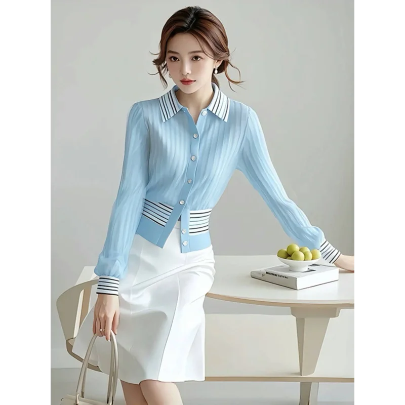

Blue Turn Down Collar Textured Open Front Shirt Women Stylish Copper Sulfate Outfit Luxe Elegant Top
