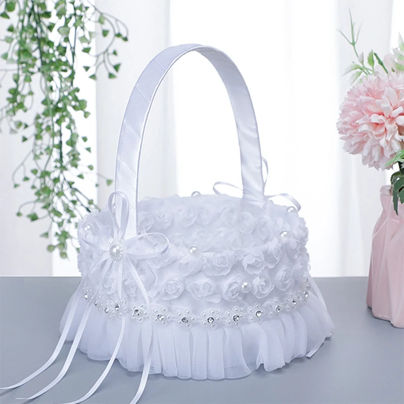 Flower Basket for Wedding Ceremony Lace & Faux Flowers Decor Satin Candy Gift Bag for Banquet Holiday Daily Use