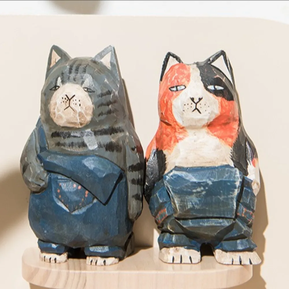 Solid Wood Wood Carving Cat Ornament Handmade Simple Style Painted Cartoon Cat Sculpture Cute Small