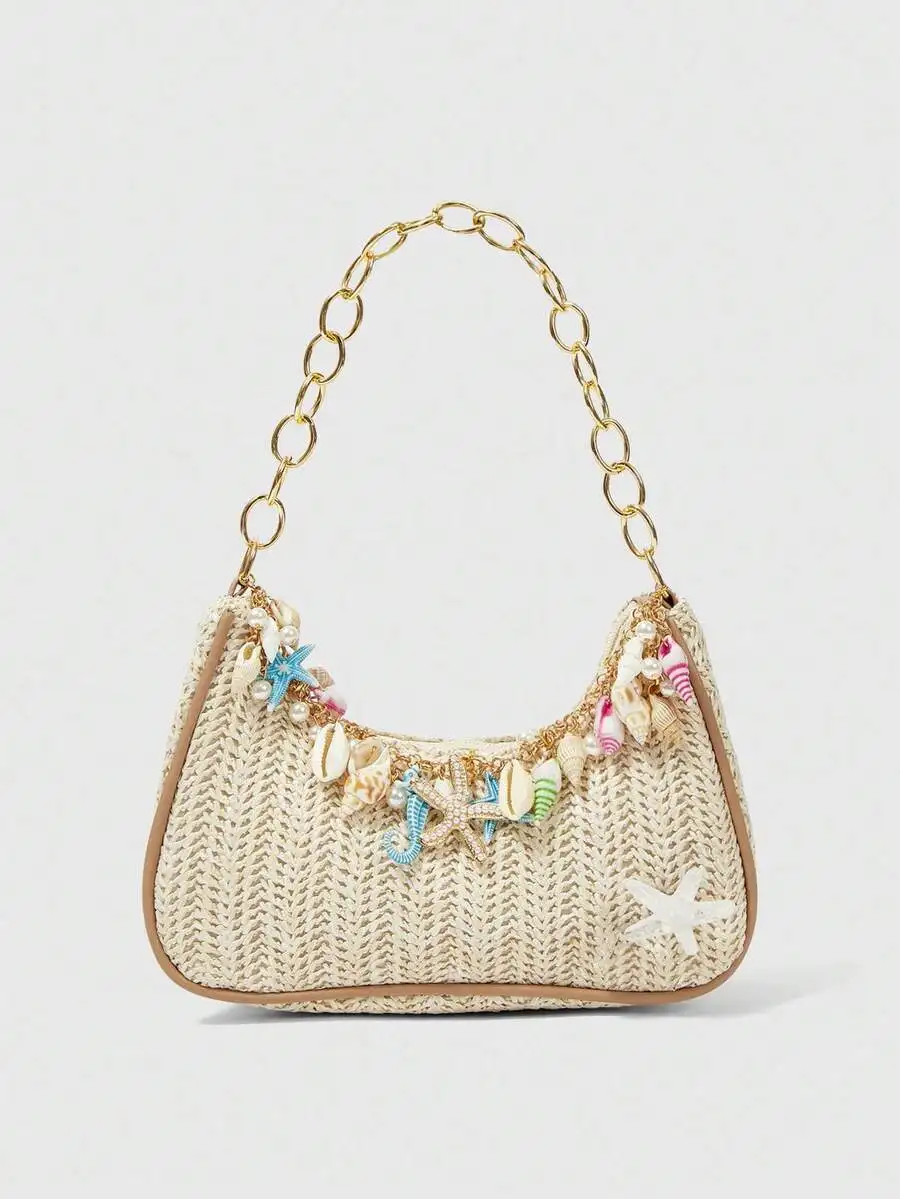 

Woven Straw Shoulder Bag with Seashell & Starfish Charms, Beach Style