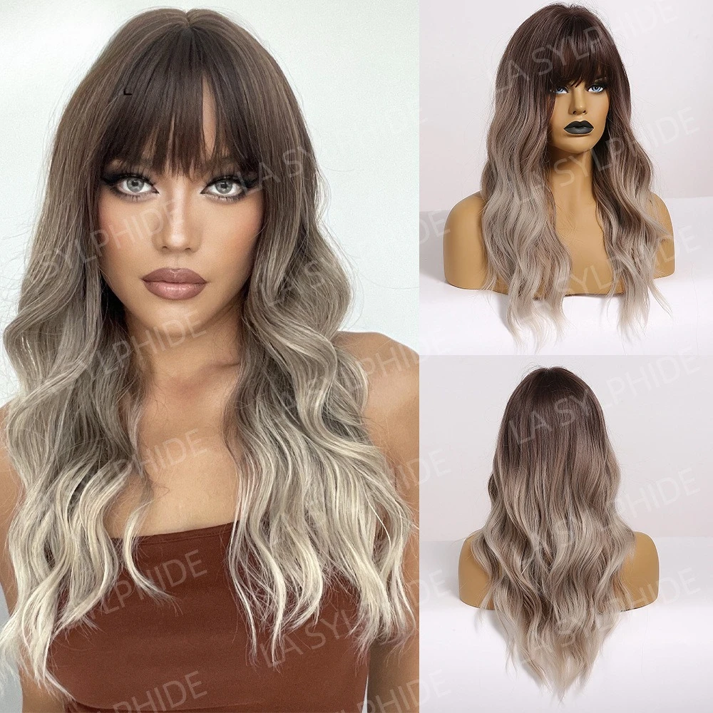 

Wholesale European and American wig women, chemical fiber gray brown gradual change medium bangs natural wavy curly hair