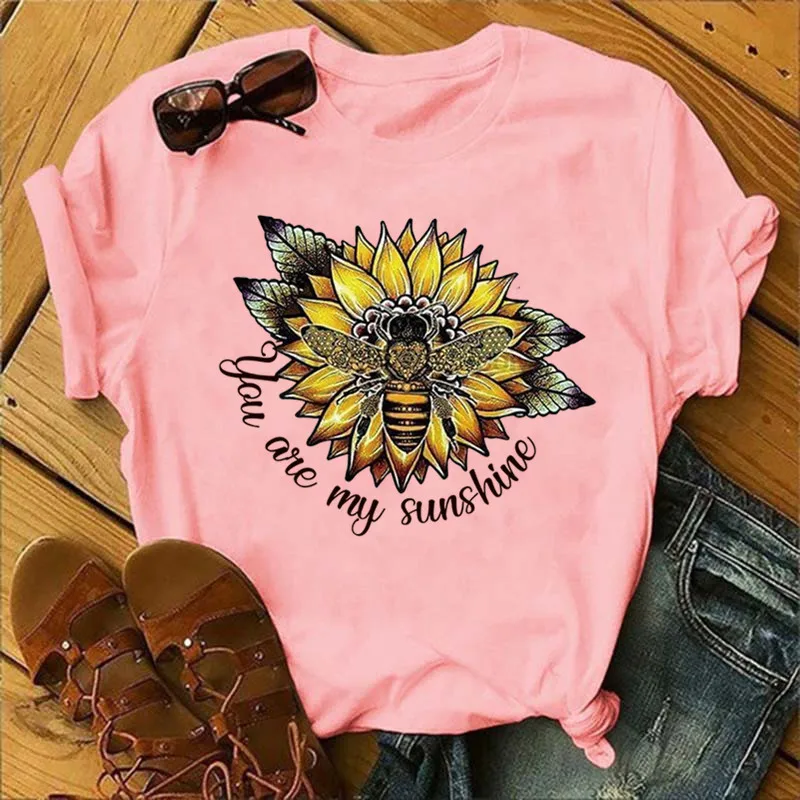 

COTTON 100% New Bee Sunflower You Are My Sunshine Print T-shirt for Women Tops Oversized T Shirt Graphic Tshirts