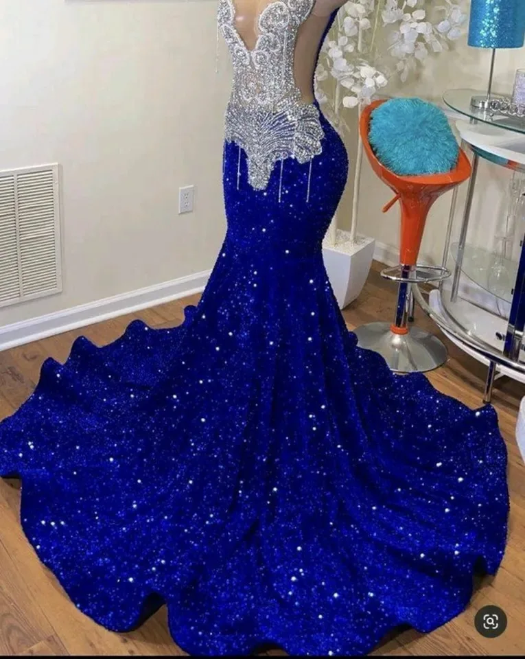 Royal Blue Rhinestones Prom Dresses Black Girls 2024 Luxury Bead Tassel Sparkly Birthday Party African Evening Gala Gowns