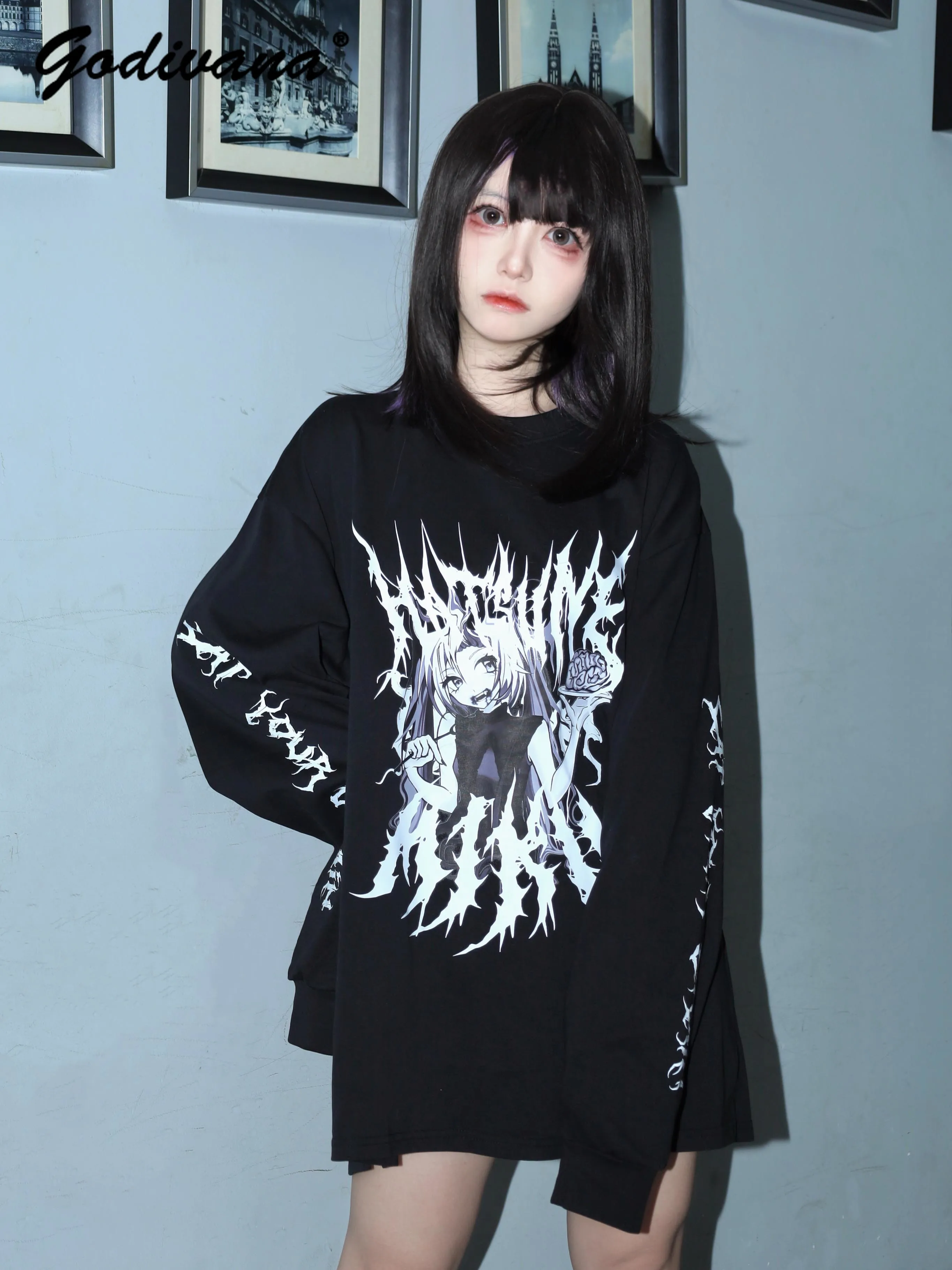 

2024 New Spring Long Sleeve Mine Sweatshirt Band Style Asian Culture Loose Gothic Dark Cotton Pullover Black Hoodie Loose Tops