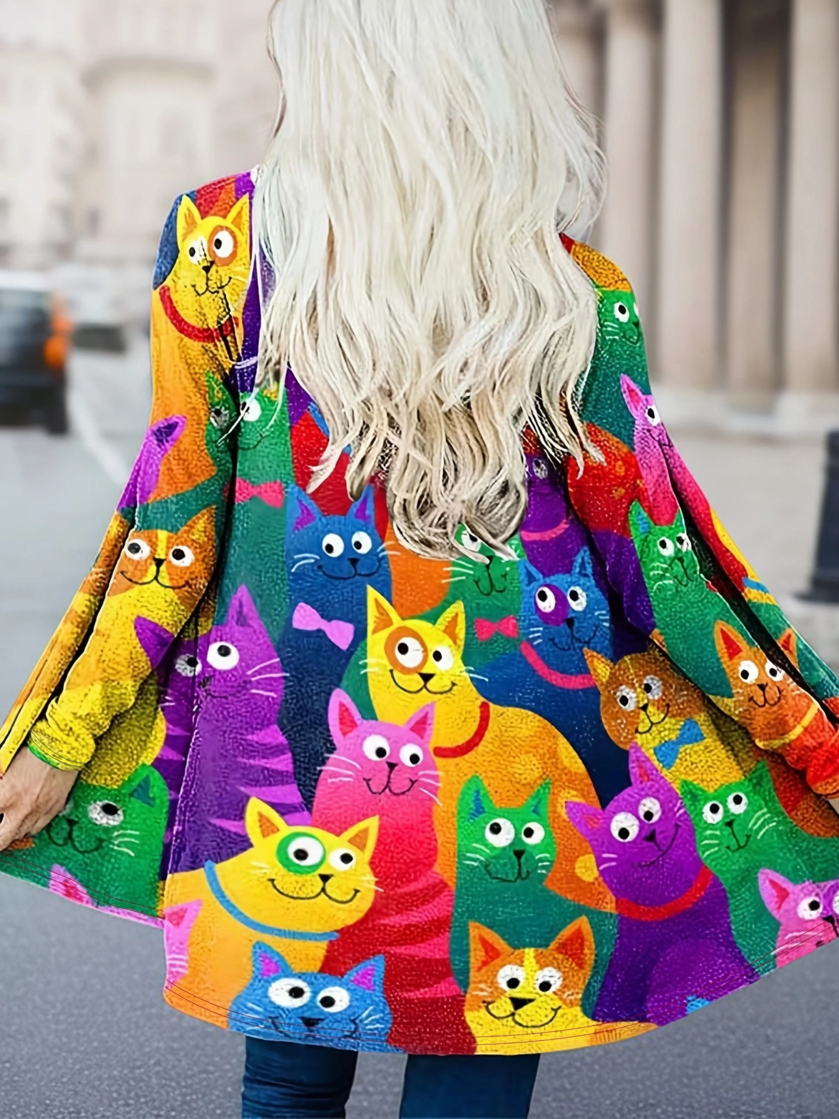 

Women's 3D Digital Print Cat pattern Long Sleeve Cardigan, Polyester Open Front, Lightweight Cover Up,Spring Autumn Casual Coat