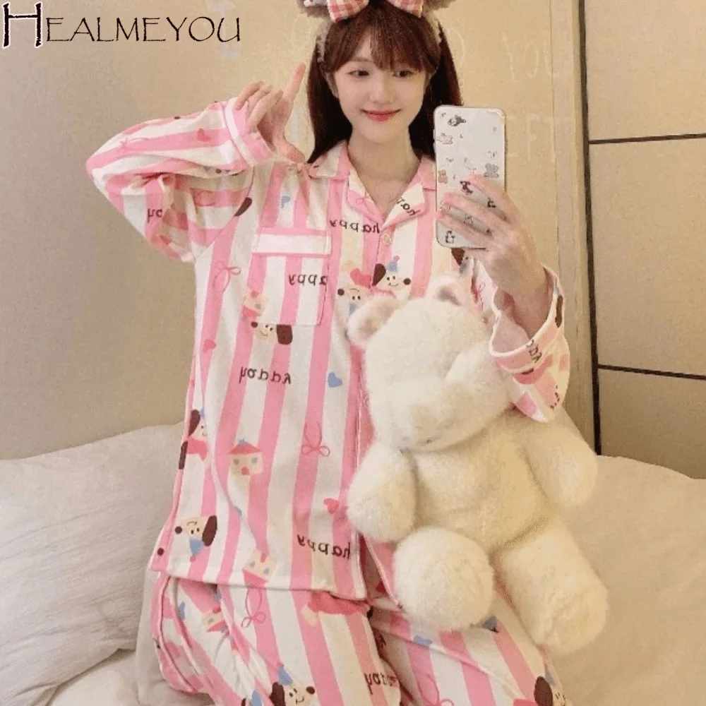 

Fashion Flip Collar Stripe Pajamas Set Dog Penguin Sweet Pajamas Suit Loose Home Wear Two Pieces Nightwears Women