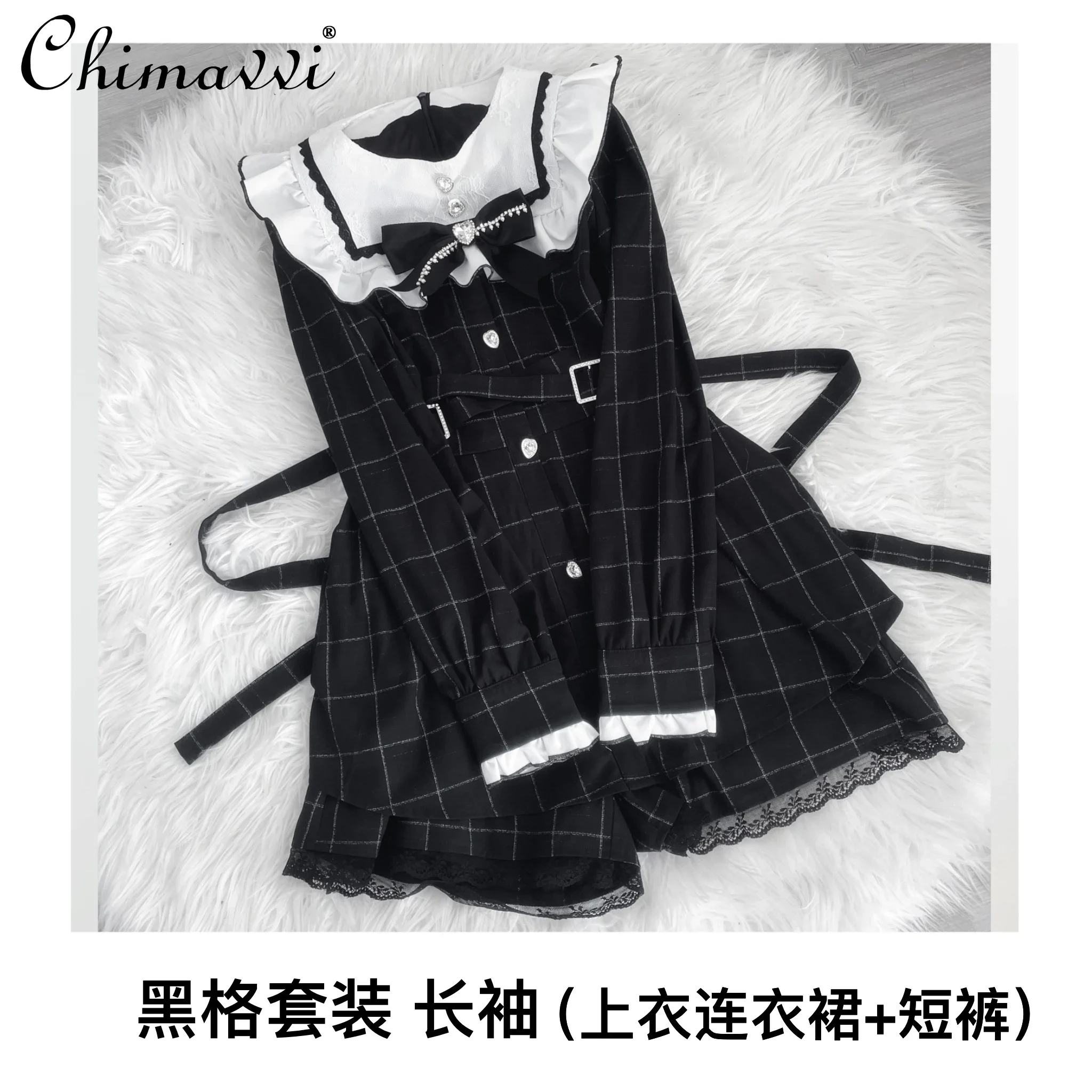 Japanese New Mine Mass- Produced Autumn Color Matching Lolita Skirt Suit Girl Women's Sweet Short Sleeve Top and Shorts Outfits