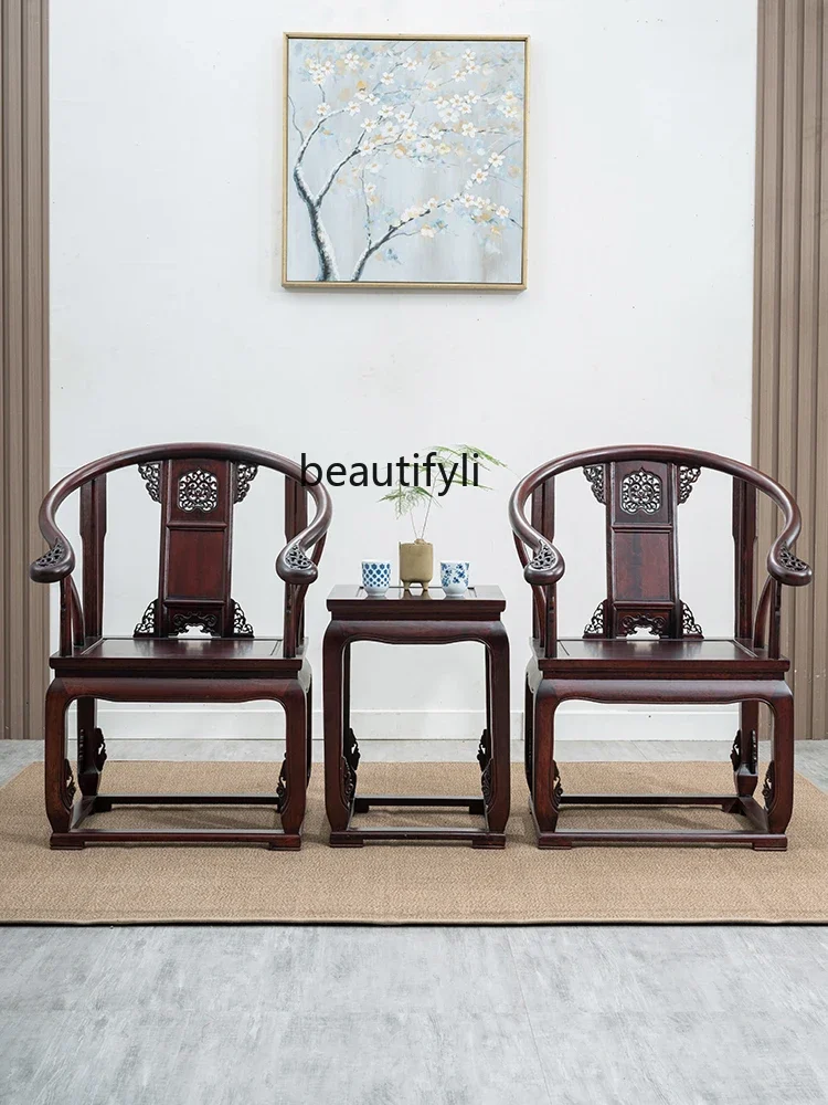 Palace 3-Piece Solid Wood round-Backed Armchair Taishi Chinese Style Classic Style Rosewood Reception Chair Ming and Qing Carved