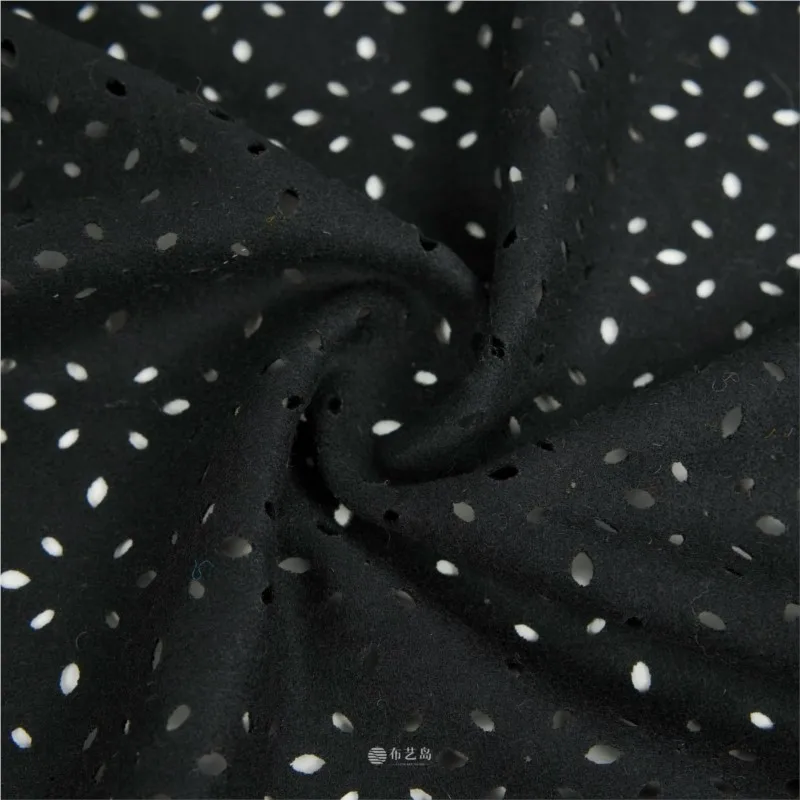 Pure black fine hollowed-out woolen fabric for autumn and winter handcrafted designer clothing