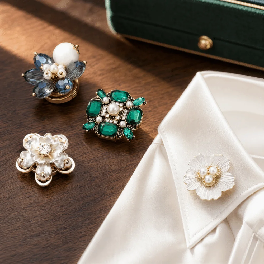 High-quality Floral Rhinestone Collar Buttons No Sew Floral Flower Detachable Decorative Buttons Beaded Pearl Vintage