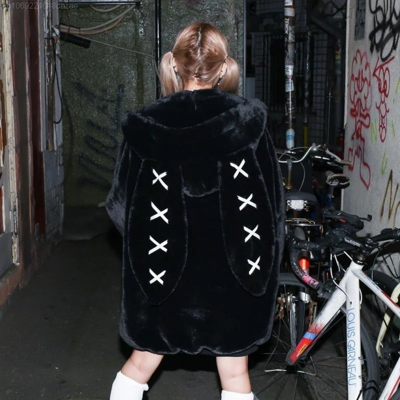 2023 Winter New Harajuku Rabbit Ear Plush Coat Y2k Clothes Soft Zipper Tops Hooded Women Gothic Punk Style Mid Length Jacket