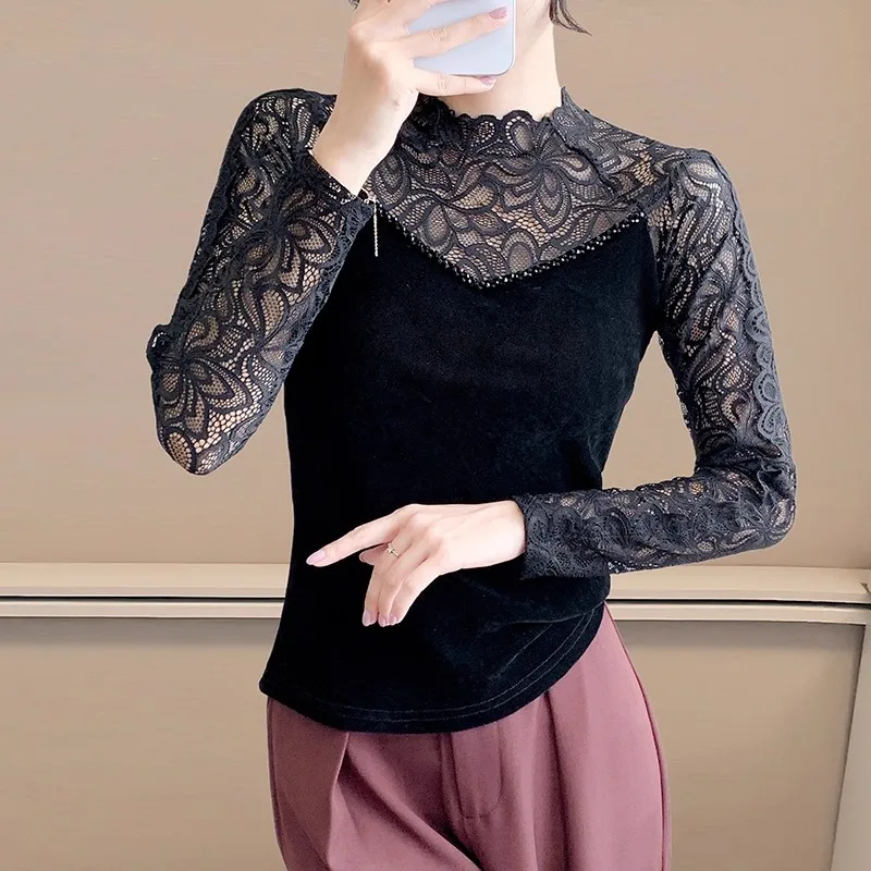 

Модная кружевная лоскутная футболка с половиной высоким воротом и бисером для женщин, осенние сексуальные облегающие топы с длинными рукавами, футболки