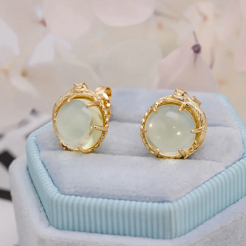 LAMOON Natural Lemon Quartz Gemstone Earrings For Women 925 Sterling Silver Gold Vermeil Fine Jewelry 3D Cute Cat Brithday Gift