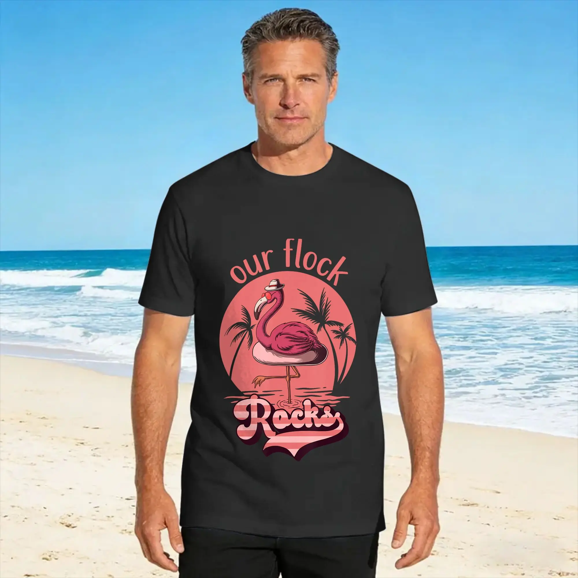 Camiseta Streetwear Our Flock Rocks Flamingo, divertida, para vacaciones en familia    Camisetas de Algodón Puro, Camiseta Hippie de Manga Corta