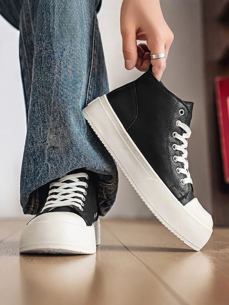 Men's High-Top Shoes Summer 2026 New Style Student Waterproof Non-Slip Sports Leisure Thick Bottom Black Soft Bottom Work Boa...