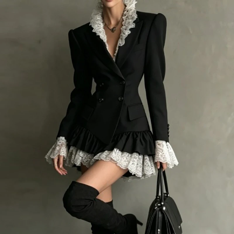 Temperament Lapel Slim Office Commuting Dress Elegant Lace Splice A-Line Dress Casual Solid Double Breasted Color Blocking Dress