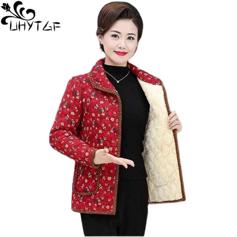 UHYTGF Middle-Aged Elderly Mother Parkas Jacket Women's Fashion Print Fleece Warm Autumn Winter Cotton Coat Female Overcoat 2722