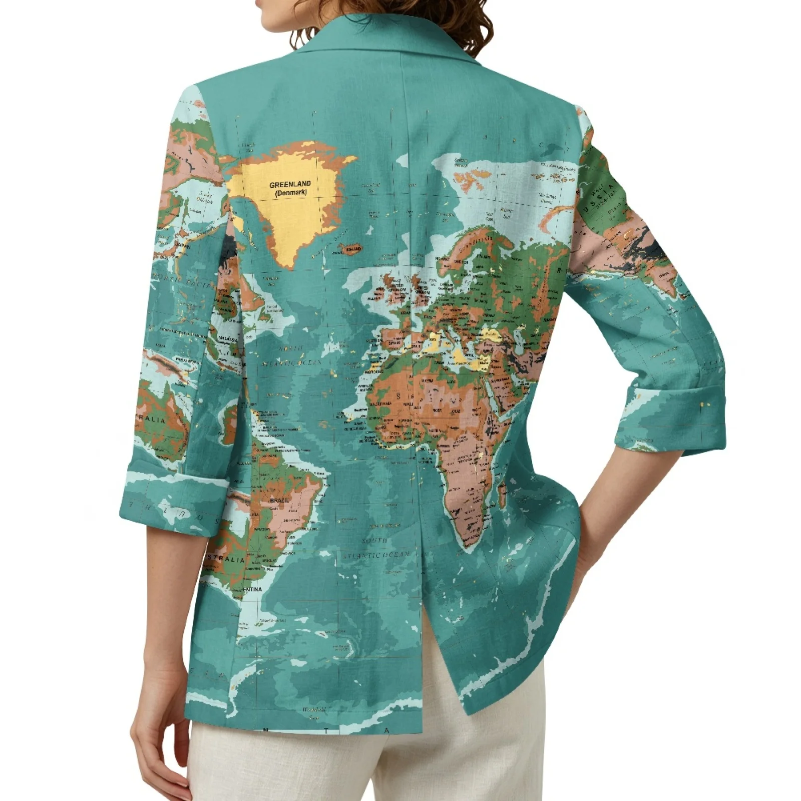 PENSTROLL Map Design Linen Like Open Front Tops Work Cardians for Womens 3/4 Sleeve Beach Coverups