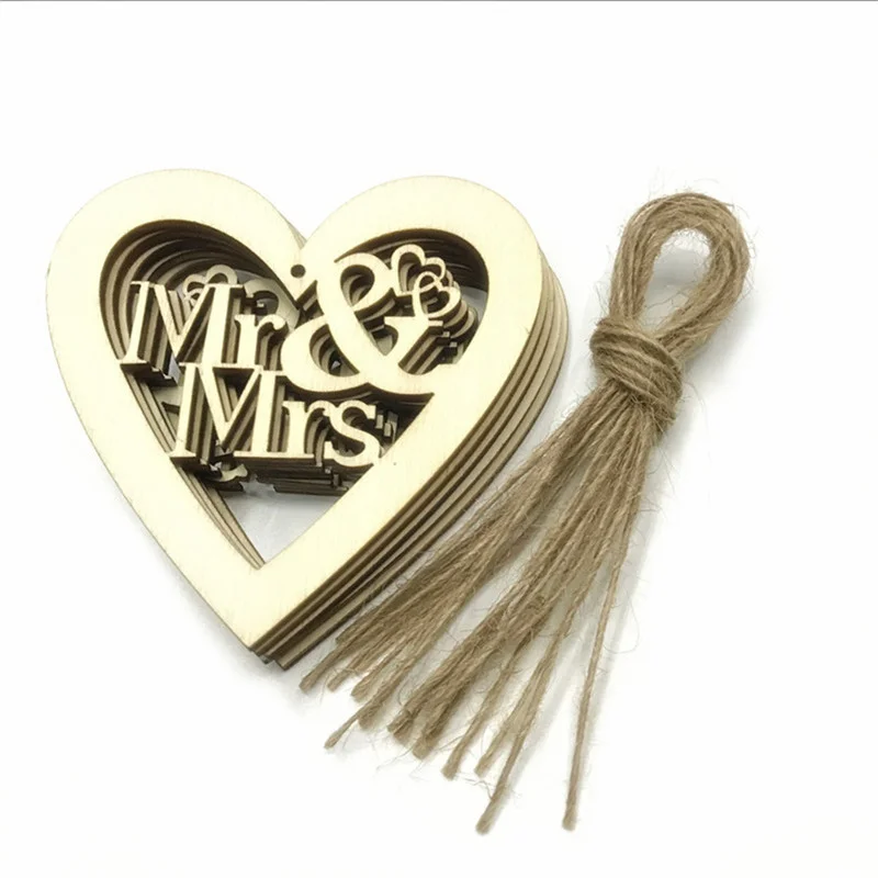 10PCS 80MM Hollow Wood Wedding Embellishment Laser Cut Home Hanging Ornament Love Heart Mr Mrs Wedding Party Decoration