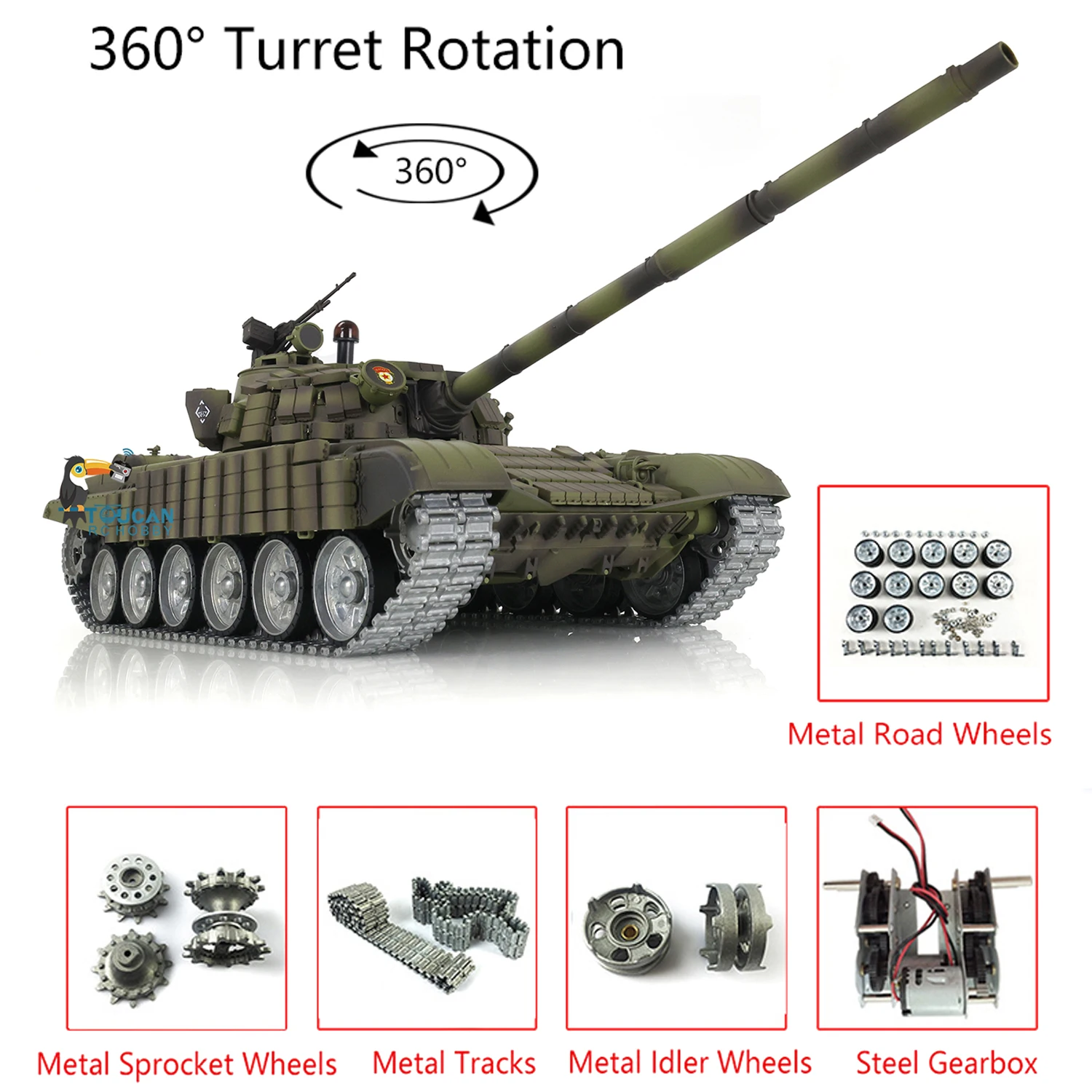 Henglong T72 RC Battle Tank 1/16 RTR 7.0 Mainboard 3939 Armor Metal Tracks Wheel Wireless Battle Tank for Boys TH20574-SMT1