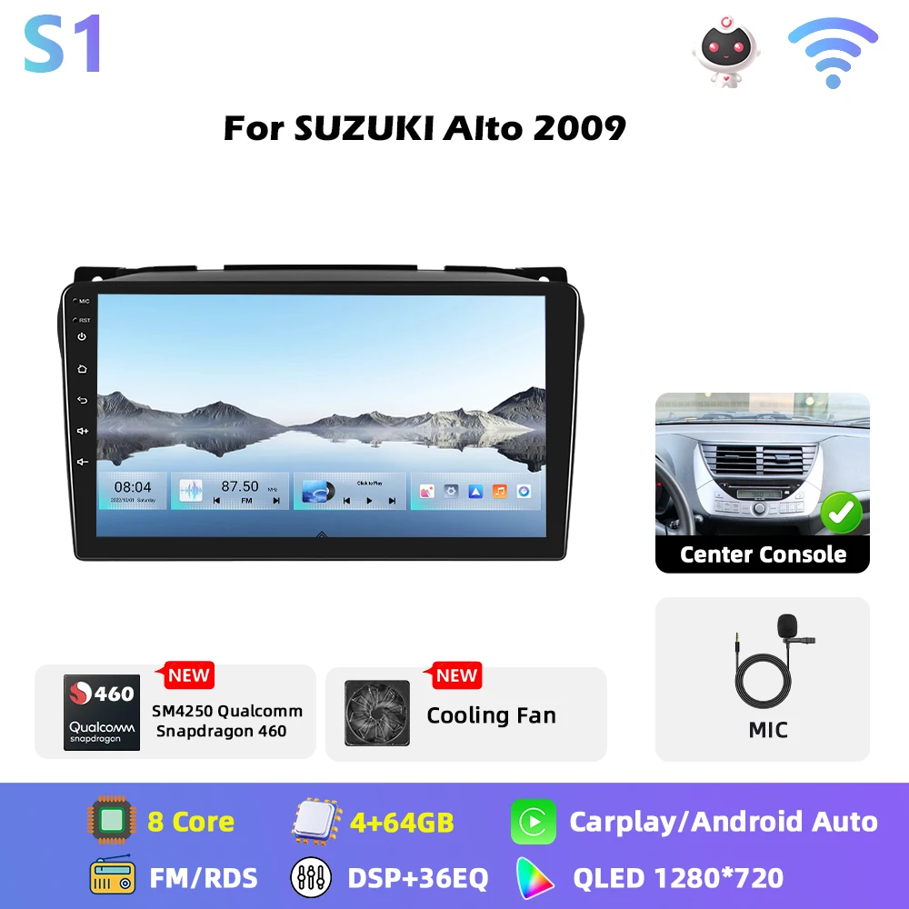 Podofo 8-core Qualcomm Snapdragon 460 Android autoradio voor SUZUKI Alto 2009 met Carplay, Android Auto, GPS, FM, WiFi, RDS, 2-din autoradio