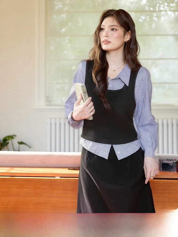 

Уникальный женский модный комплект больших размеров, осень 2024, новый лоскутный топ f, юбка из хлопка и полиэстера, юбка трапециевидной формы с высокой талией