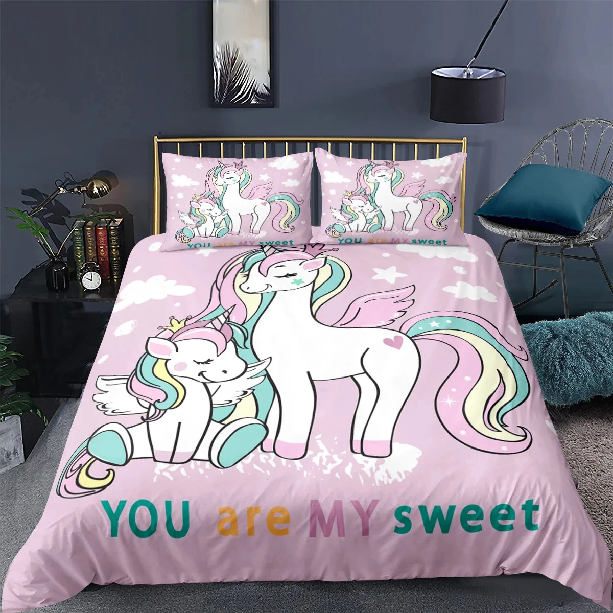 Unicorn Bedding Set King Queen White Pink Unicorn Duvet Cover for Girls Boys Dreamy Cartoon Sparkle Lilac Polyester Quilt Cover