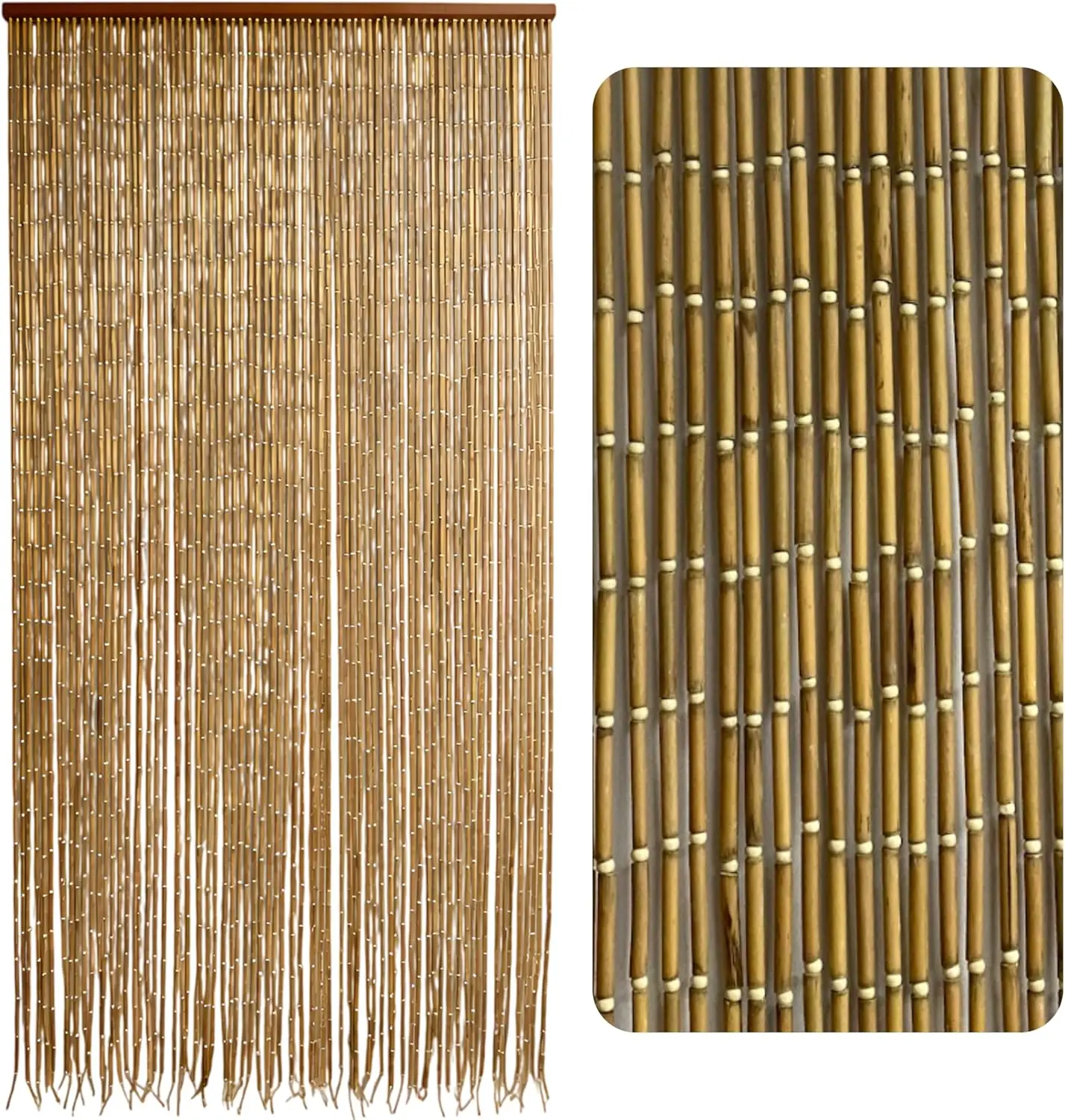 Natural Beaded Curtains for Doorways with Round Beads, Decorative Room, Handcrafted Bamboo, Sturdy Hook, Easy to Clean, 35.43 x