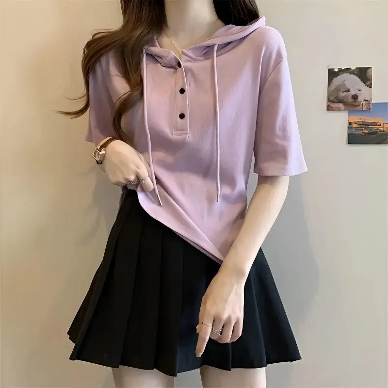 High-End Summer Korean Style Women's Short Sleeve T-Shirt with Hood Cover Belly Casual Base Shirt Breathable Comfortable