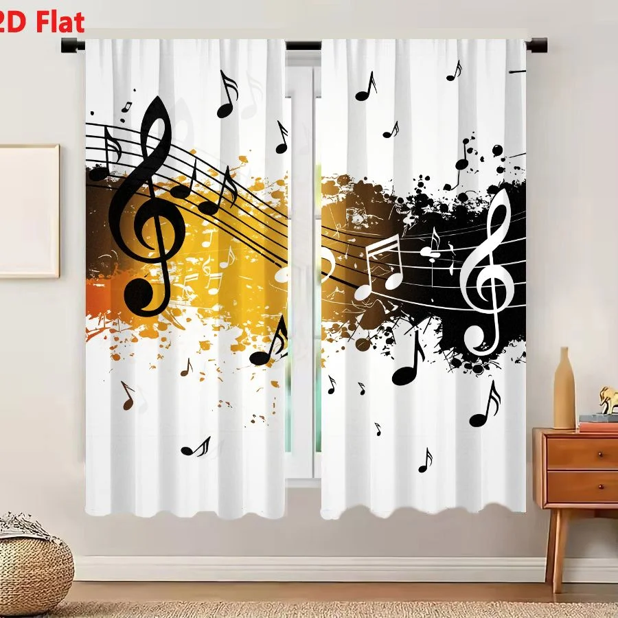 2Pcs Curtains Add 2D Flat Vibrant Abstract Music Graphic Design Treble Clef Staff Notes Grunge Art Window Drapes for Bedroom Roo