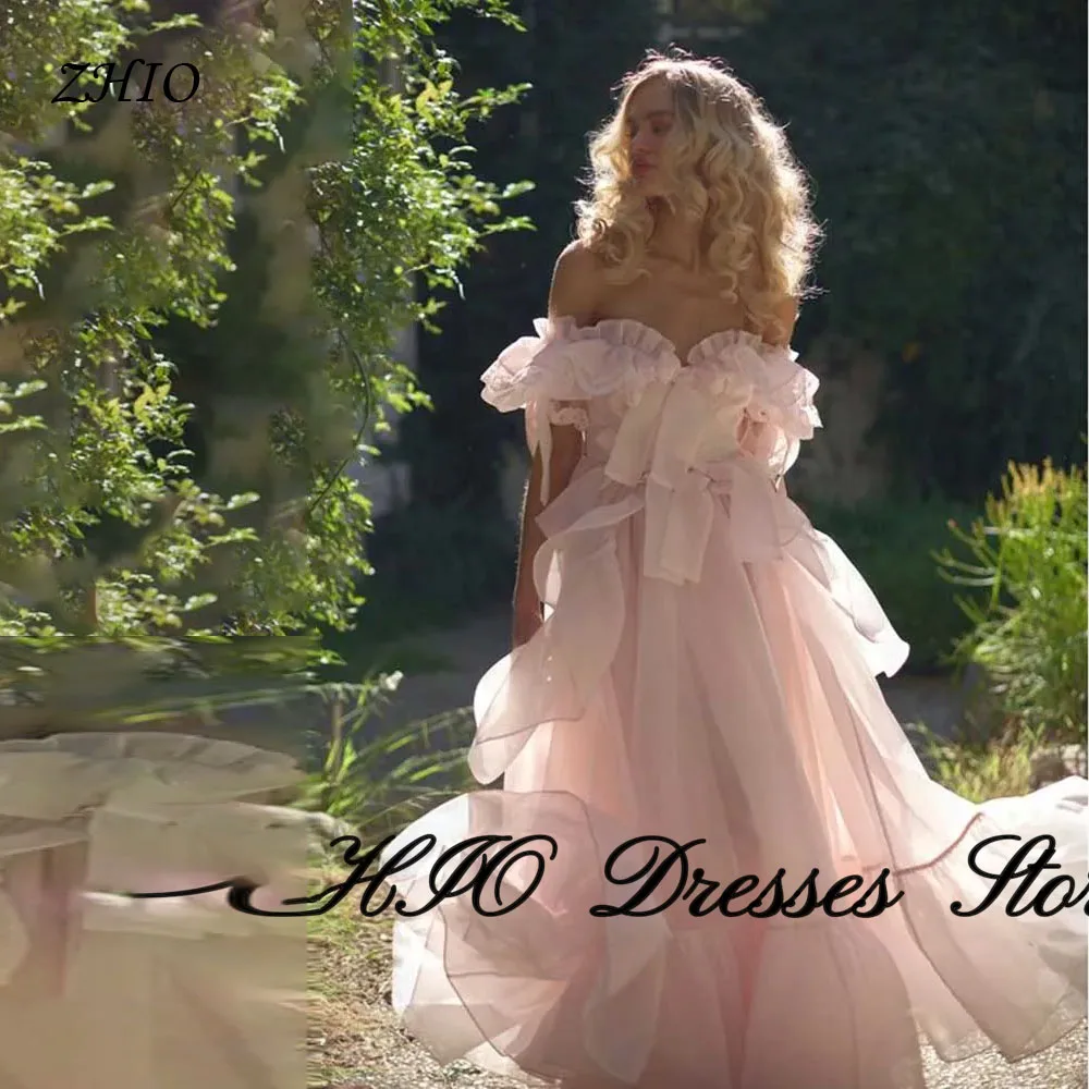 ZHIO-vestidos de graduación elegantes y bonitos de color rosa para mujer, vestido de fiesta hasta el suelo con escote en forma de corazón y hombros descubiertos, vestido de fiesta femenino a la moda de princesa de hadas