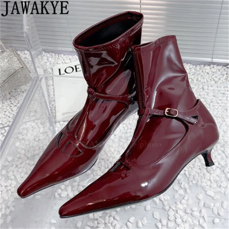 

Patent Leather Kitten Heels Elastic Ankle Boots Women Winter Pointy Toe Chelsea Short Boots Autumn Fashion Week Slim Party Boots