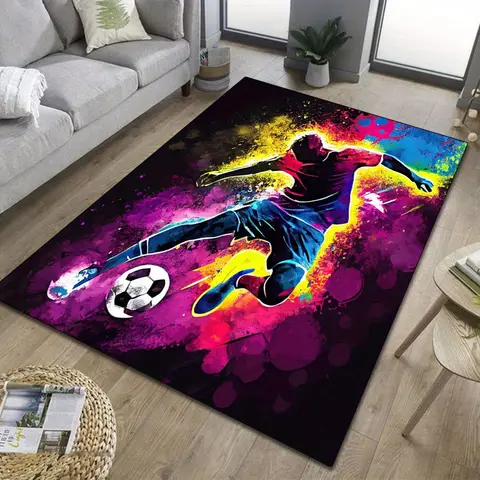 Tapete de jogador de futebol, tema esportivo, decoração de sala de estar, tapetes artísticos coloridos para quartos de crianças, ideias de sala de jogos