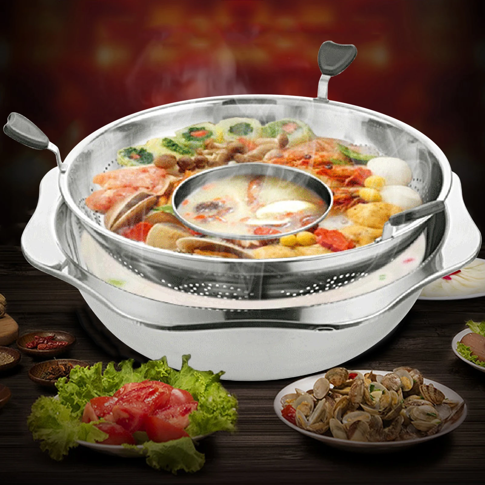 

32cm Household Stainless Steel Rotating Pot, Kitchen Hotpot Cooking