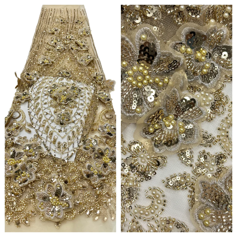 

Wholesale New Arrival High-Grade African Handmade Beaded Lace Fabric Nigerian Sequins Lace Fabric For 5yards Women Wedding Dress